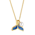Blue Whale Tail & Pearl Charm Necklace