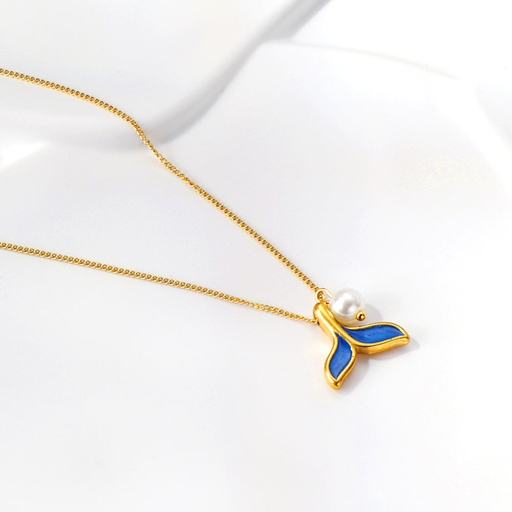 Blue Whale Tail & Pearl Charm Necklace