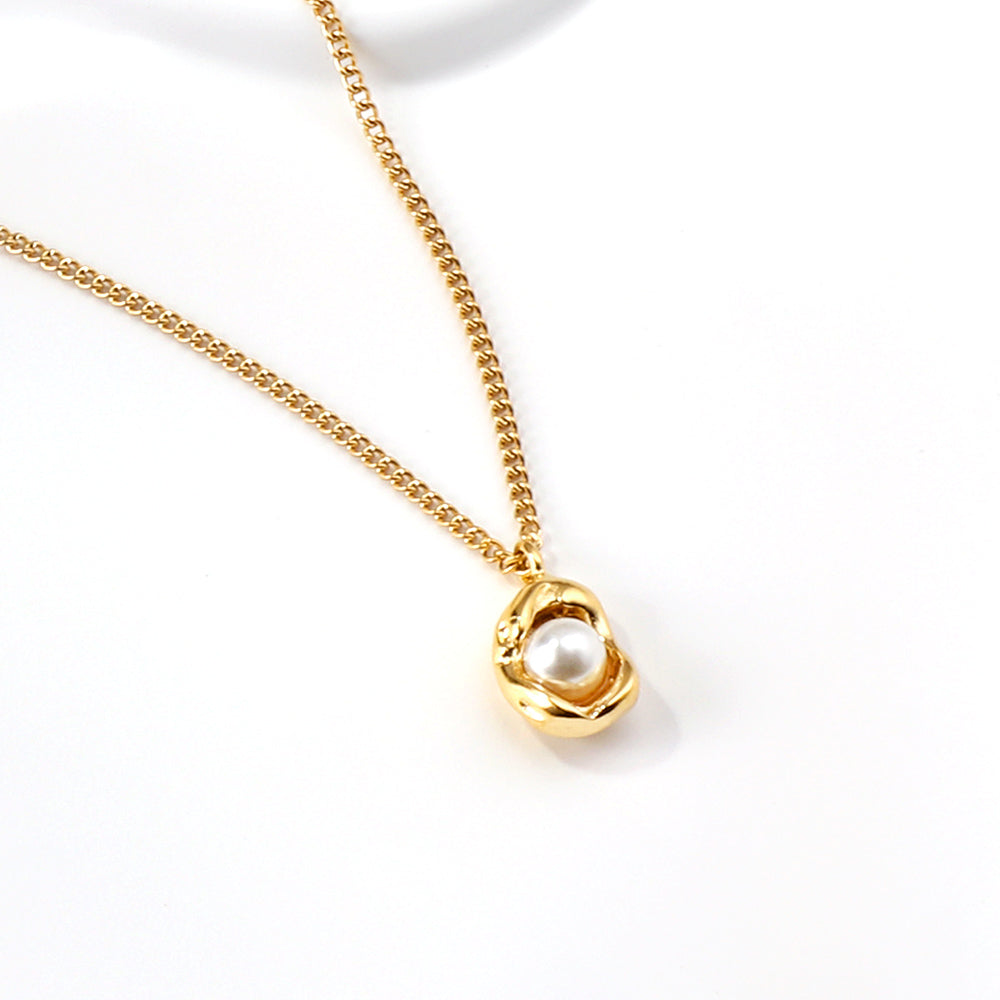 Organic Molten Gold & Pearl Pendant Necklace