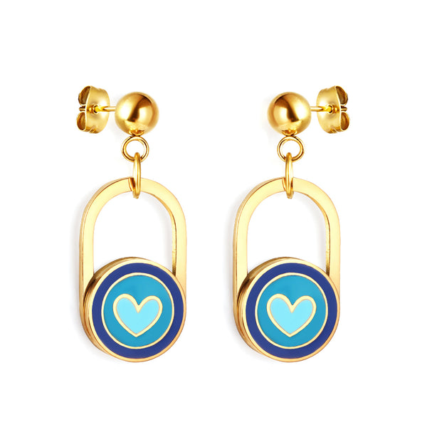 18k gold plated earrings with blue circular charms featuring heart designs on a white background   elazo

