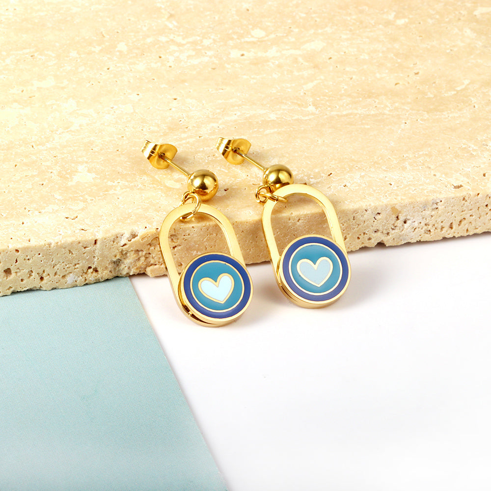 Blue Enamel Heart Drop Earrings