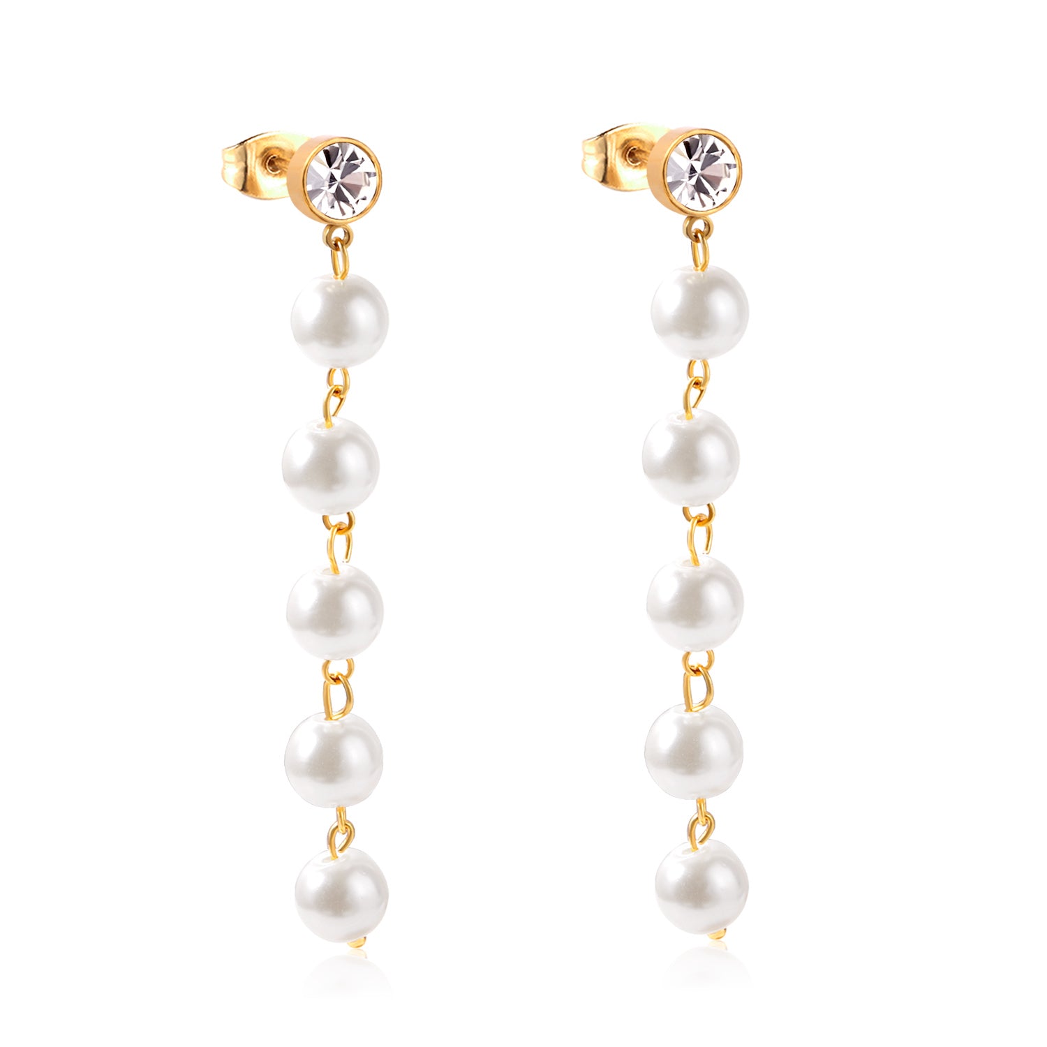 Linear Pearl Drop Earrings with Crystal Stud