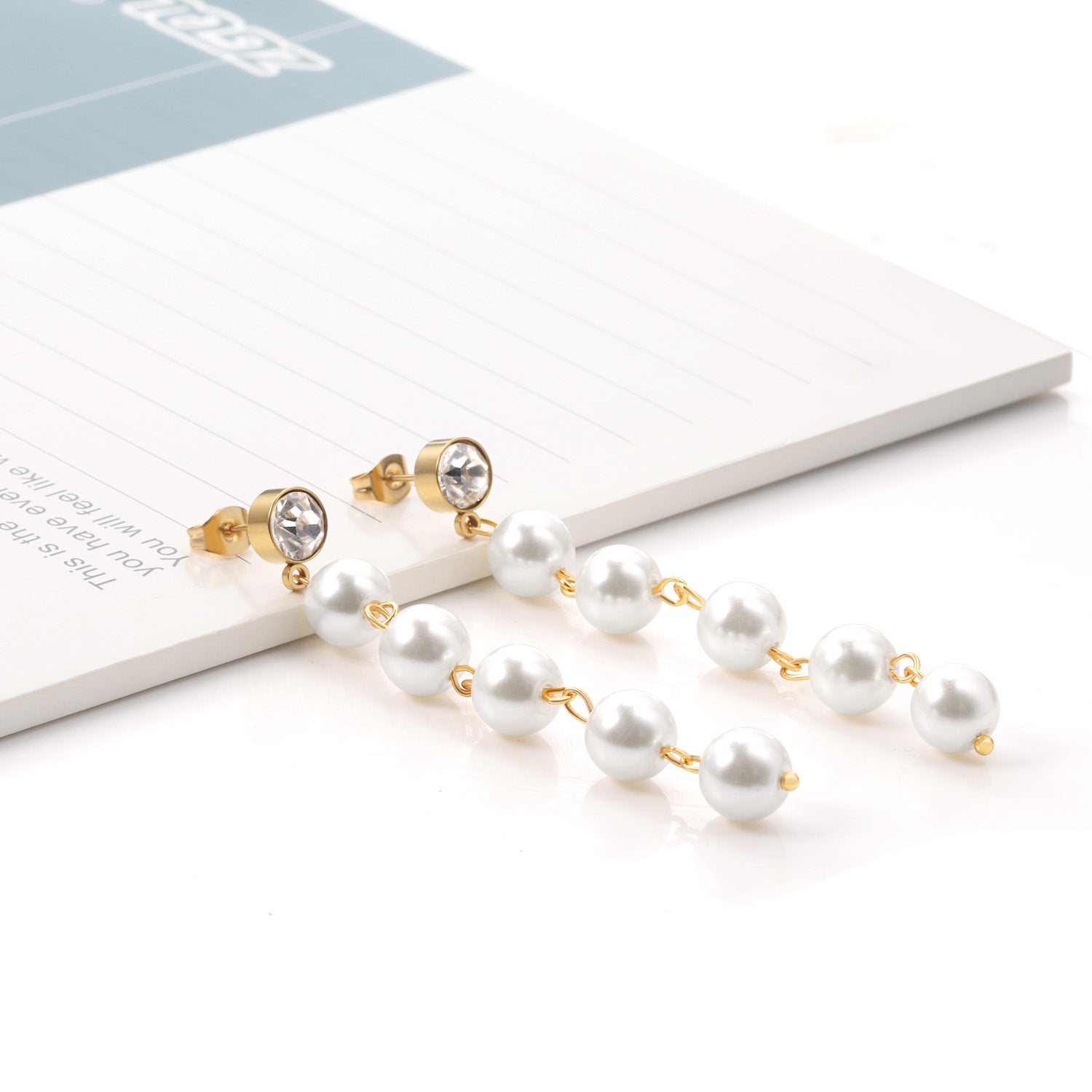 Linear Pearl Drop Earrings with Crystal Stud