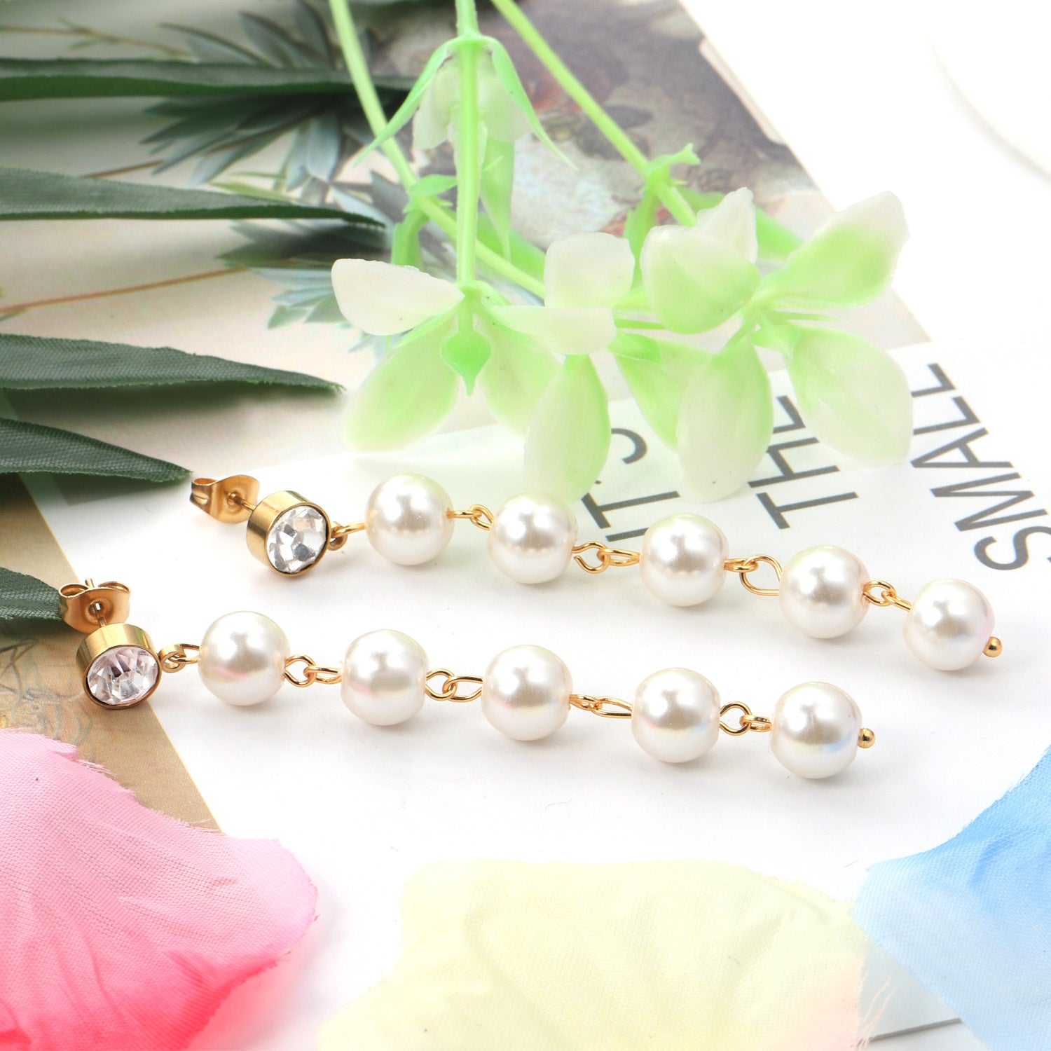 Linear Pearl Drop Earrings with Crystal Stud