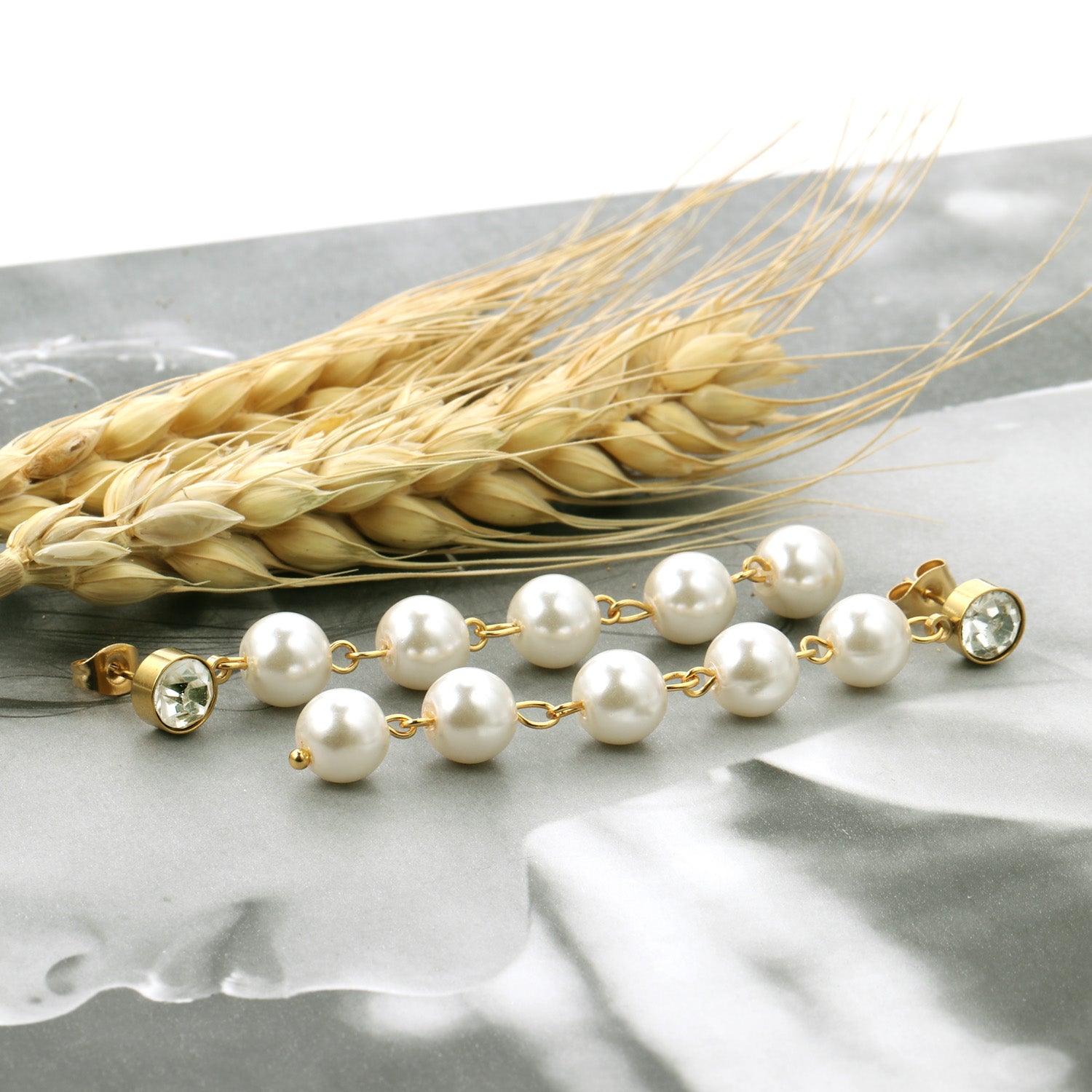 Linear Pearl Drop Earrings with Crystal Stud