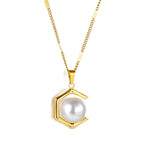 Modern Gold Pearl Necklace with Geometric Hexagon Pendant