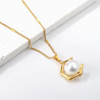 Modern Gold Pearl Necklace with Geometric Hexagon Pendant