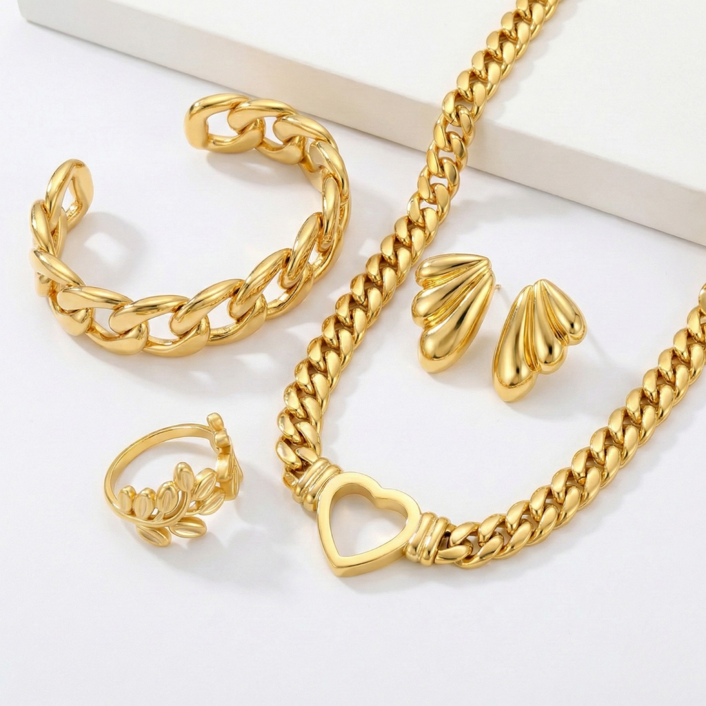 Elazo 4-in-1 Premium Gold Jewelry Combo | Necklace, Bracelet, Ring & Earrings Set | 18K Gold Plated & Waterproof