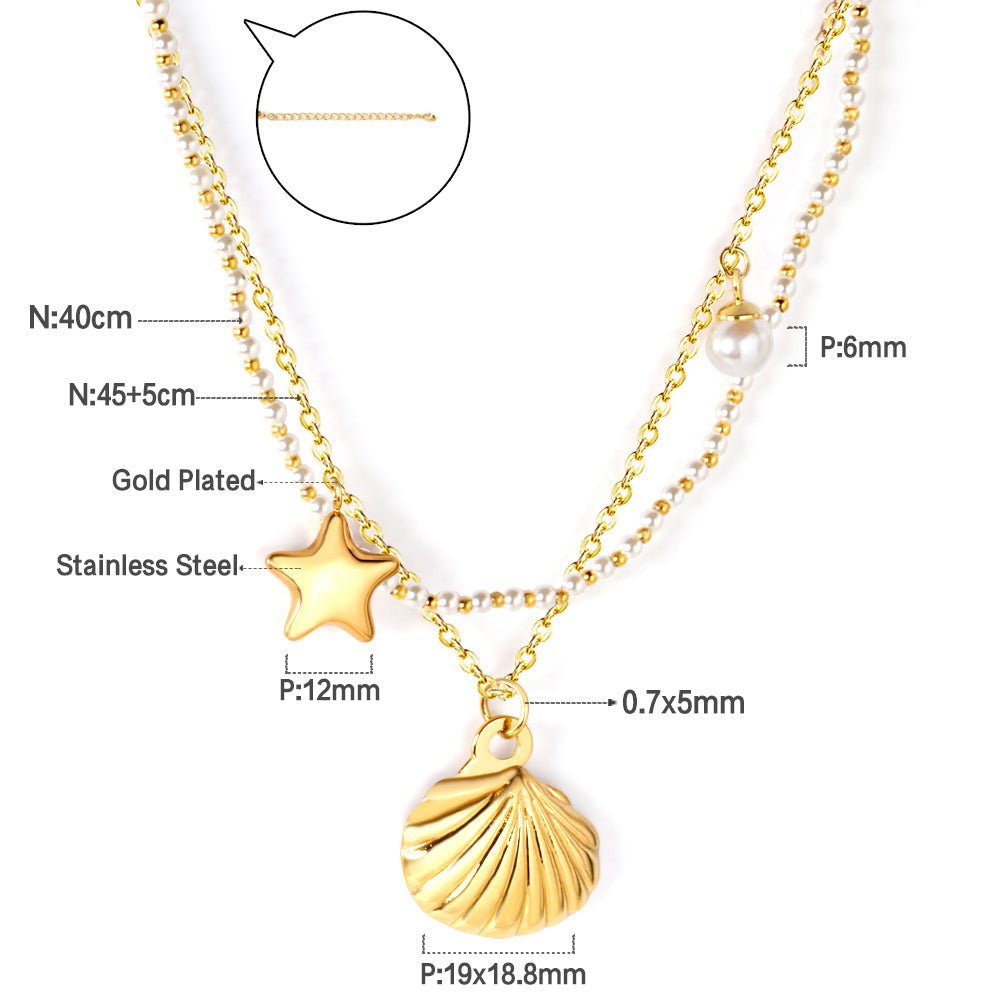 Layered Pearl Necklace with Seashell & Star Charms