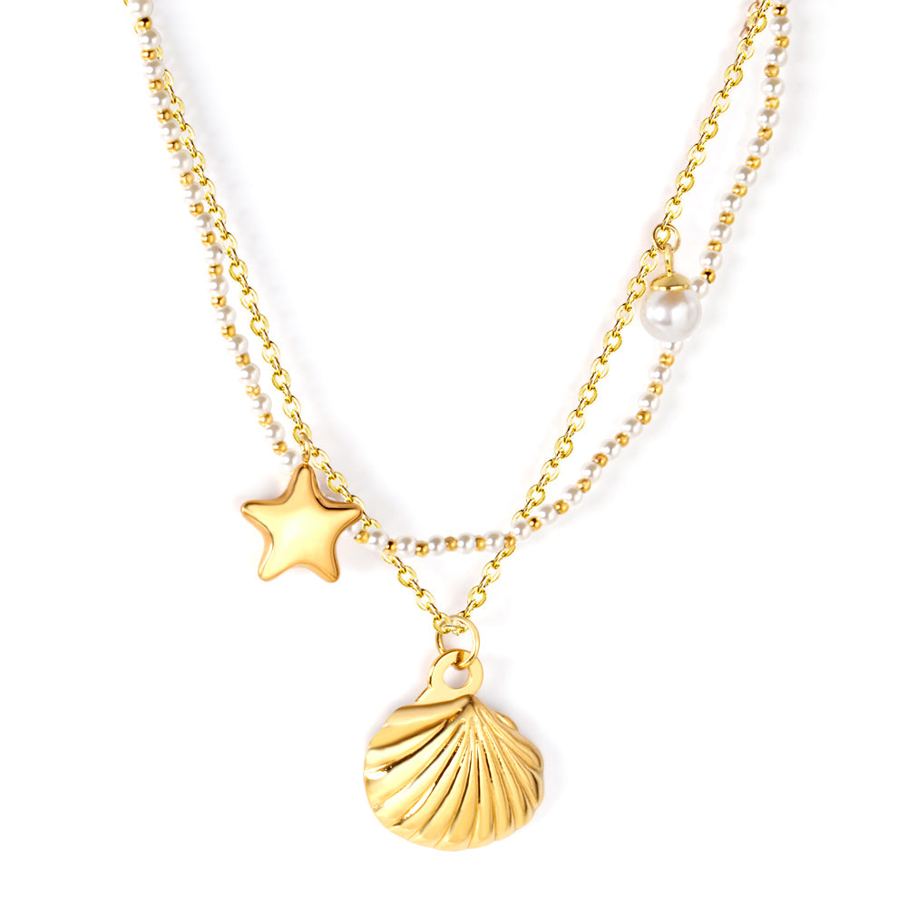 Layered Pearl Necklace with Seashell & Star Charms