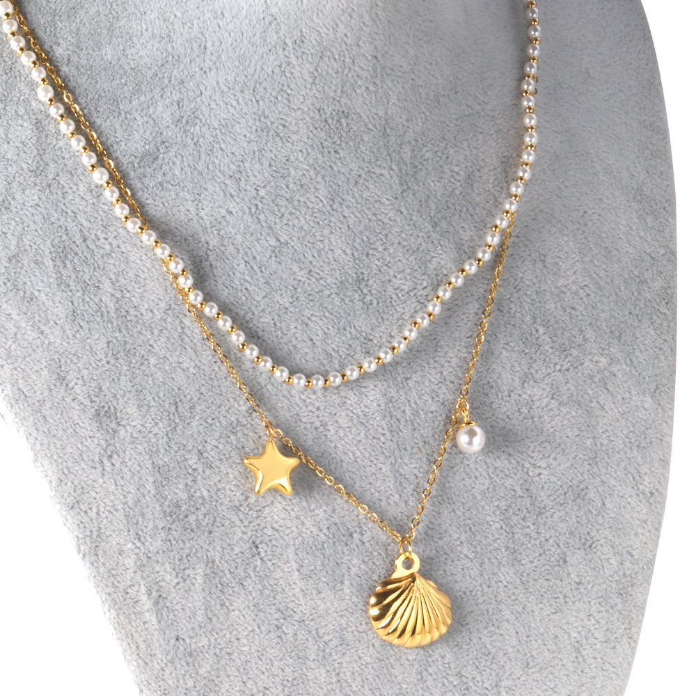 Layered Pearl Necklace with Seashell & Star Charms