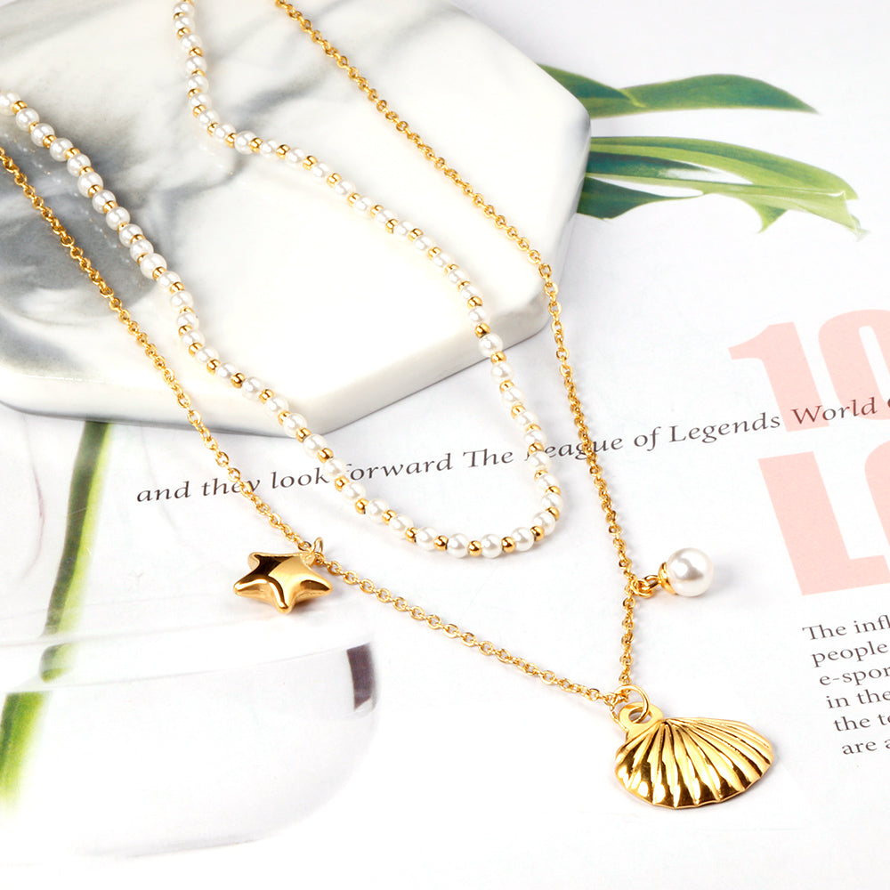 Layered Pearl Necklace with Seashell & Star Charms