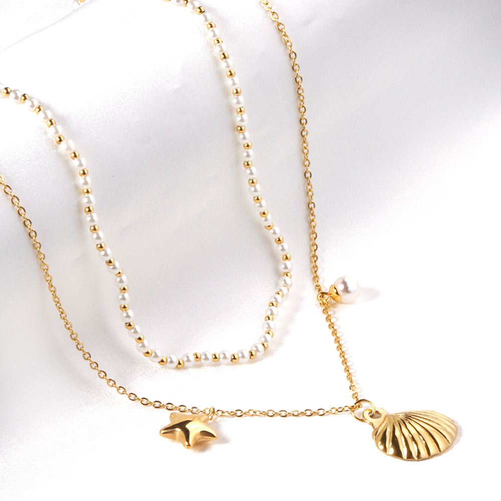 Layered Pearl Necklace with Seashell & Star Charms