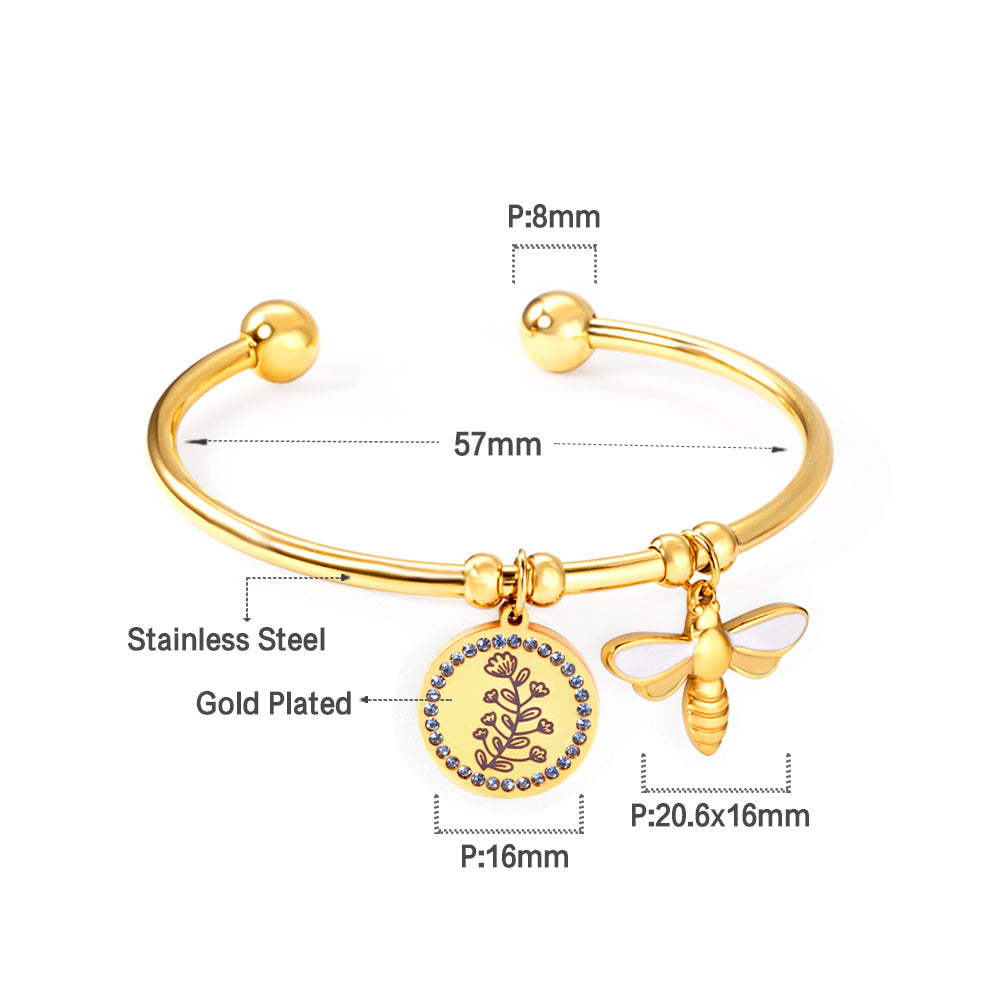 Bee & Floral Charm Gold Cuff Bracelet