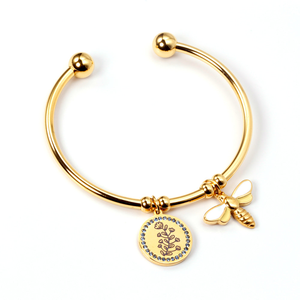 Bee & Floral Charm Gold Cuff Bracelet