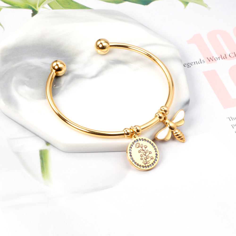 Bee & Floral Charm Gold Cuff Bracelet