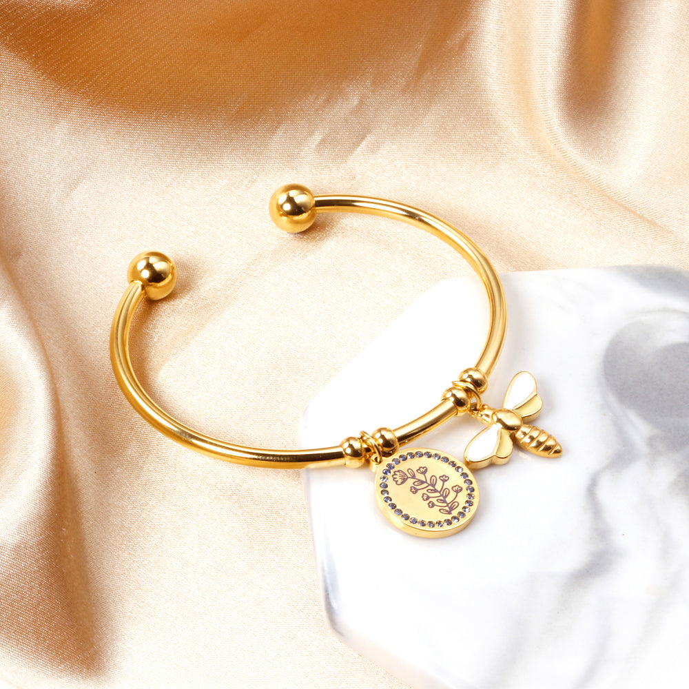 Bee & Floral Charm Gold Cuff Bracelet