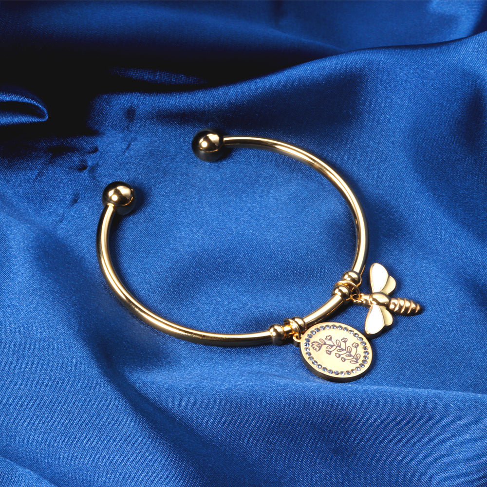 Bee & Floral Charm Gold Cuff Bracelet