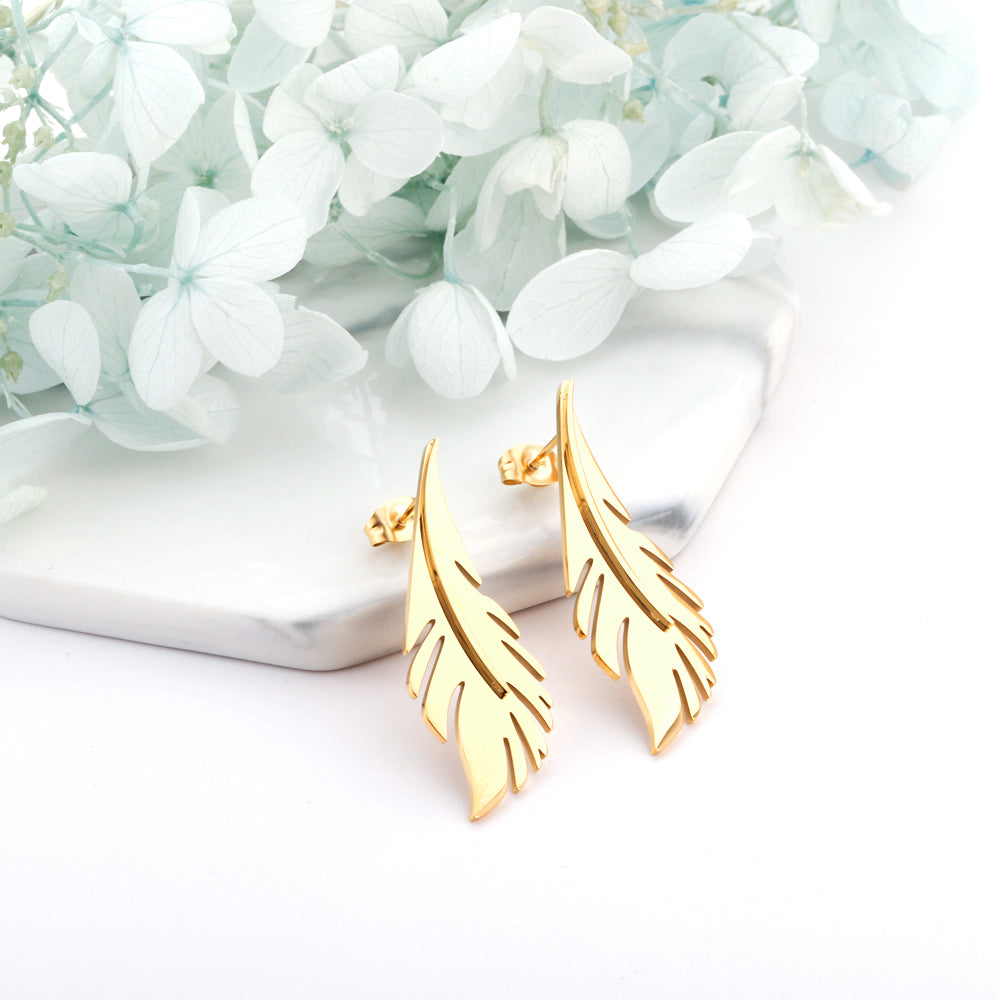 Gold Feather Statement Stud Earrings
