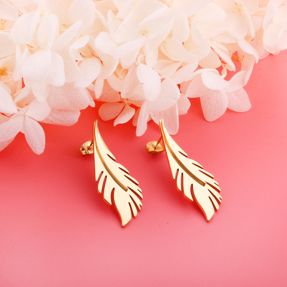 Gold Feather Statement Stud Earrings