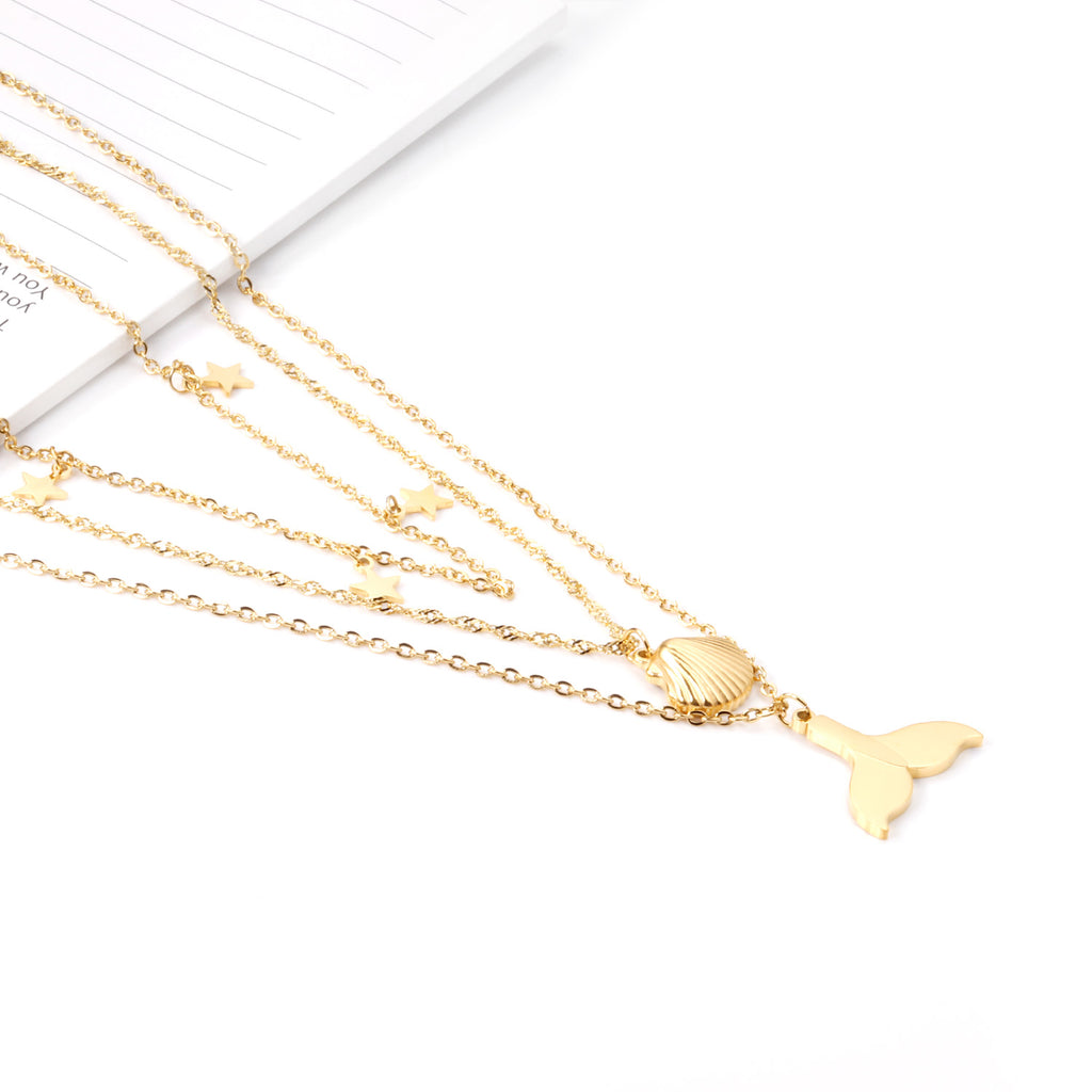 18K Gold Plated Triple Layered Ocean Charm Necklace | Waterproof | ELAZO