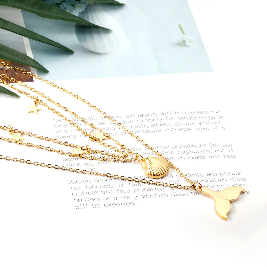 18K Gold Plated Triple Layered Ocean Charm Necklace | Waterproof | ELAZO