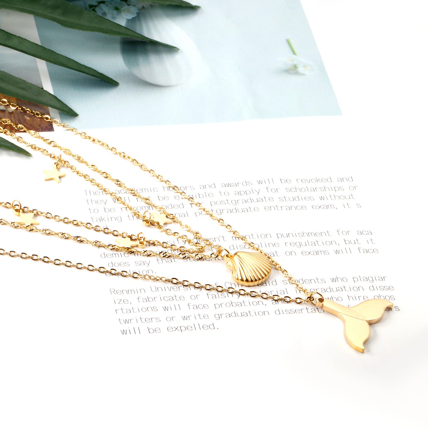 18K Gold Plated Triple Layered Ocean Charm Necklace | Waterproof | ELAZO