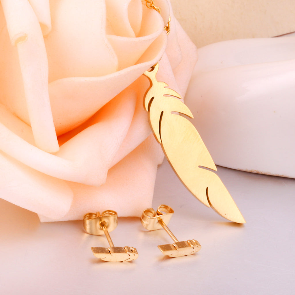 Gold Feather Jewelry Set - Minimalist Necklace & Earrings
