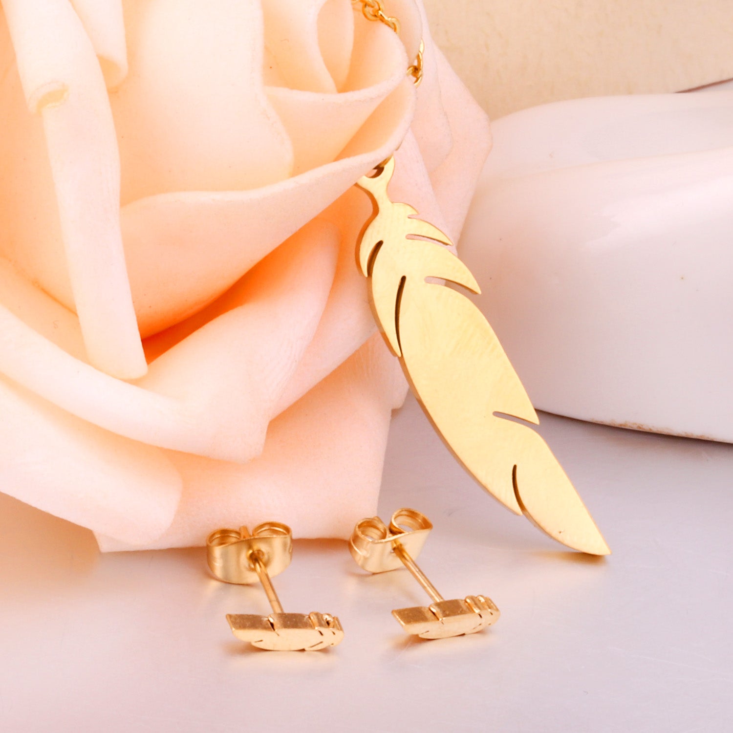 Gold Feather Jewelry Set - Minimalist Necklace & Earrings