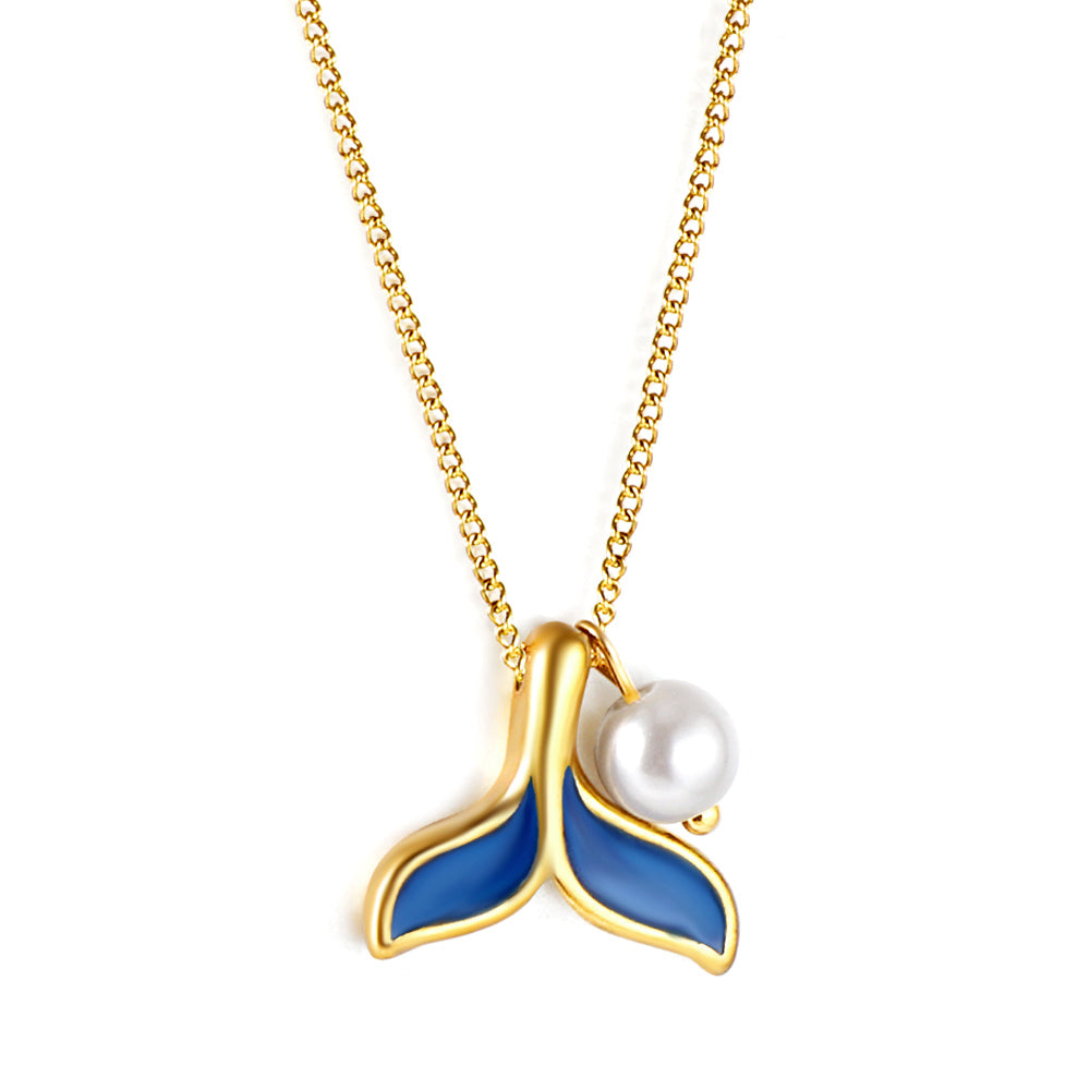  necklace with a blue mermaid tail and pearl pendant on a white background 18K Gold Plated on premium Stainless Steel, this necklace and earring set is 100% waterproof, sweat-proof, and anti-tarnish. Designed for active women. Skin-friendly for the Chennai gym heat. Buy 2 Get 1 FREE!