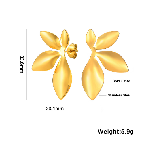 Gold-plated earrings with measurements and material details on a white background