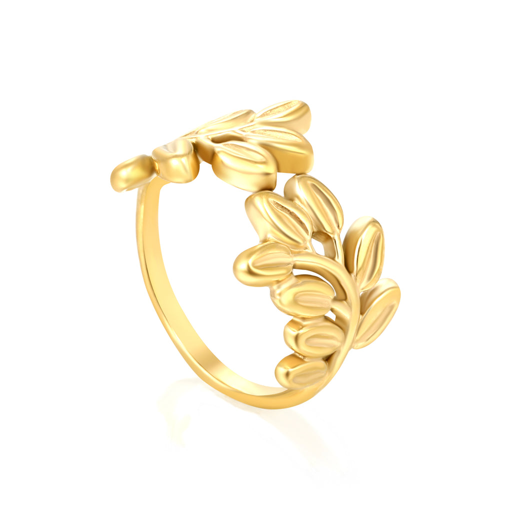 18k gold plated leaf-shaped ring on a white background | elazo