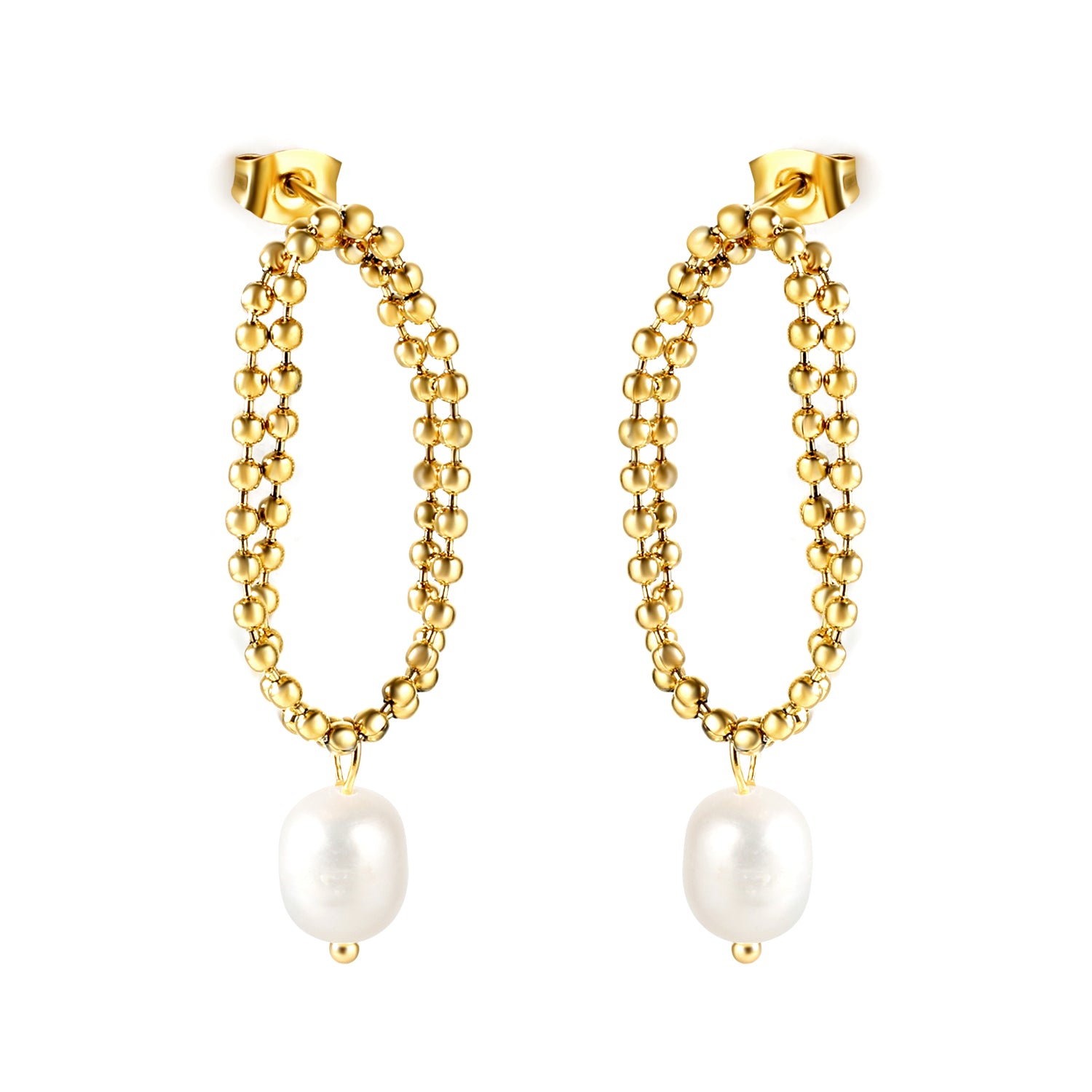 Gold beaded earrings with pearl drops on a white background