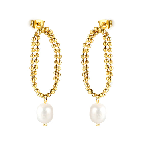 Gold beaded earrings with pearl drops on a white background