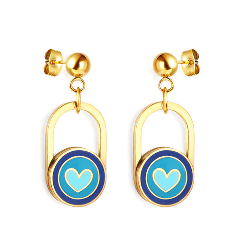 18k gold plated earrings with blue circular charms featuring heart designs on a white background   elazo

