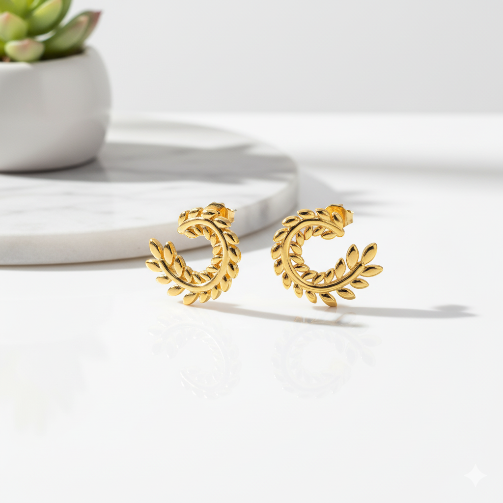 Gold earrings on a white surface with a plant in the background
