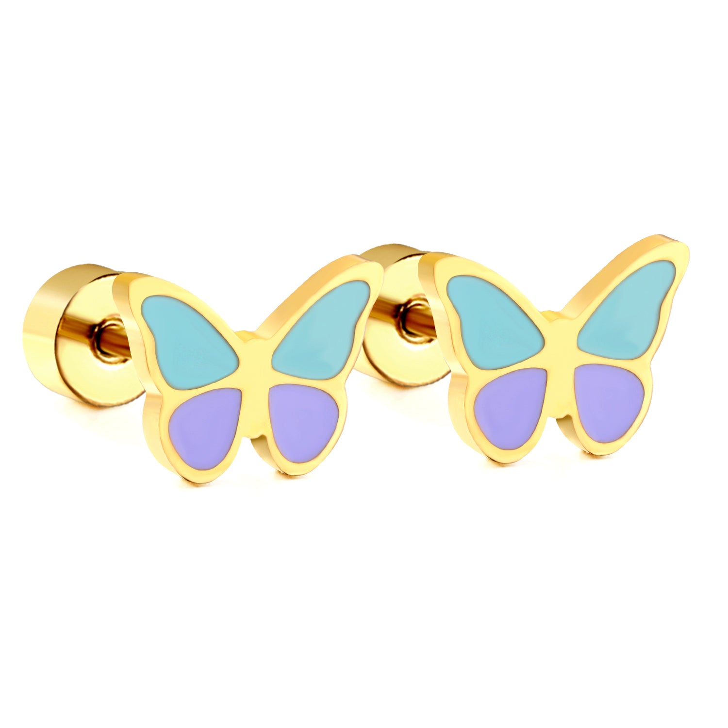 Butterfly-shaped earrings with gold frame, blue wings, and purple accents on a white background