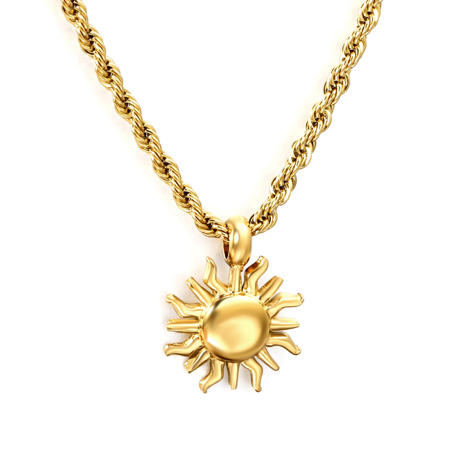 18k gold plated  sun-shaped pendant on a gold chain against a white  background 18K Gold Plated on premium Stainless Steel, this necklace  is 100% waterproof, sweat-proof, and anti-tarnish. Designed for active women. Skin-friendly for the Chennai gym heat. Buy 2 Get 1 FREE!