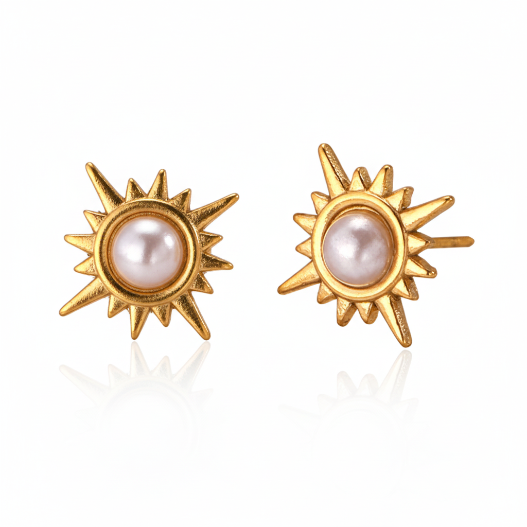 18k gold plated sun-shaped earrings with pearl centers on a white background waterproof anti tarnish jewelry india