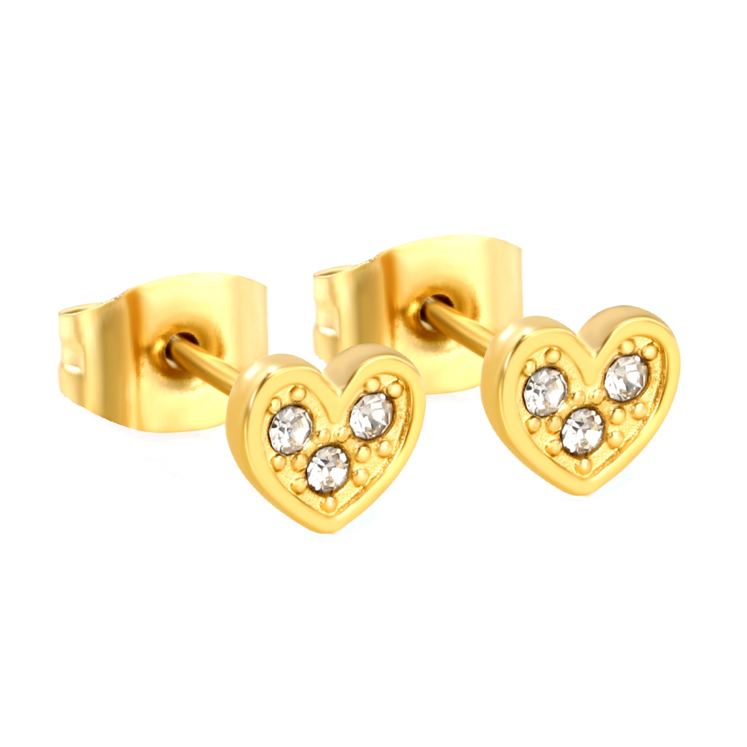 18k gold plated 
heart-shaped earrings with embedded stones on a white background