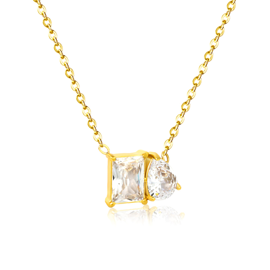 18k gold plated necklace with two clear gemstones on a white  background 18K Gold Plated on premium Stainless Steel, this necklace  is 100% waterproof, sweat-proof, and anti-tarnish. Designed for active women. Skin-friendly for the Chennai gym heat. Buy 2 Get 1 FREE!