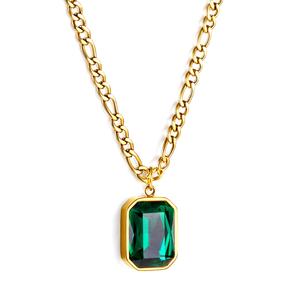 18k gold plated necklace with a green gemstone pendant on a white background 18K Gold Plated on premium Stainless Steel, this necklace  is 100% waterproof, sweat-proof, and anti-tarnish. Designed for active women. Skin-friendly for the Chennai gym heat. Buy 2 Get 1 FREE!
