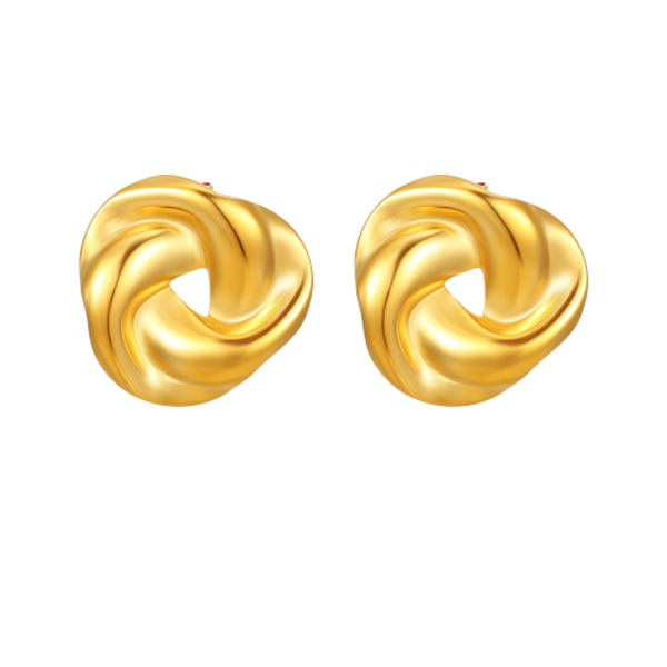Pair of 18k gold plated knot earrings on a white background elazo