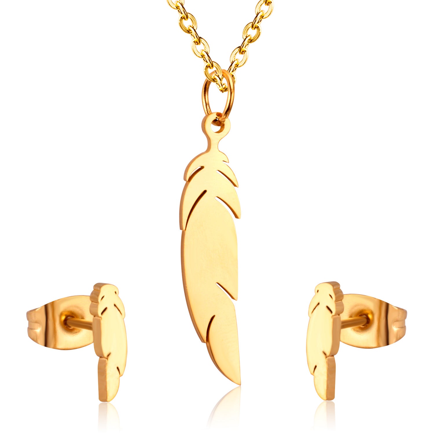 18k gold plated feather necklace and earrings set on a white background 18K Gold Plated on premium Stainless Steel, this necklace and earring set is 100% waterproof, sweat-proof, and anti-tarnish. Designed for active women. Skin-friendly for the Chennai gym heat. Buy 2 Get 1 FREE!