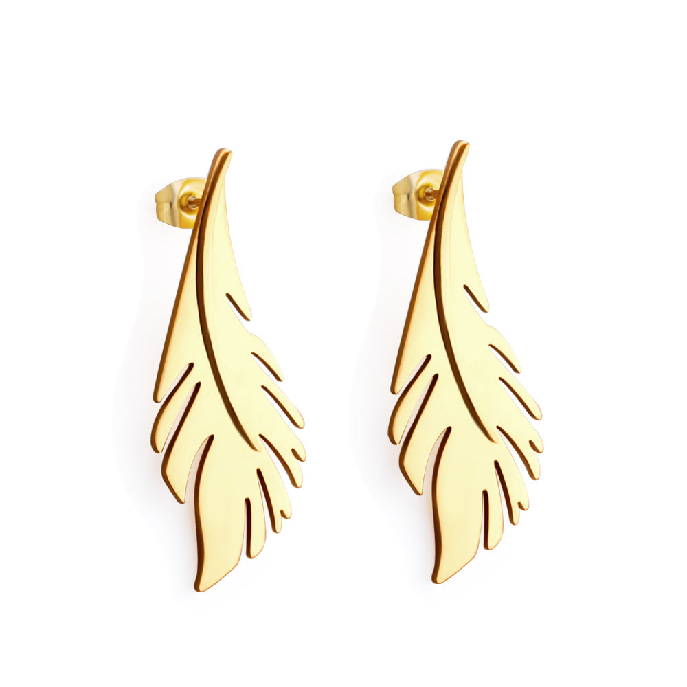 18k gold plated feather-shaped earrings on a white background elazo waterproof anti tarnish jewelry  18k gold plated