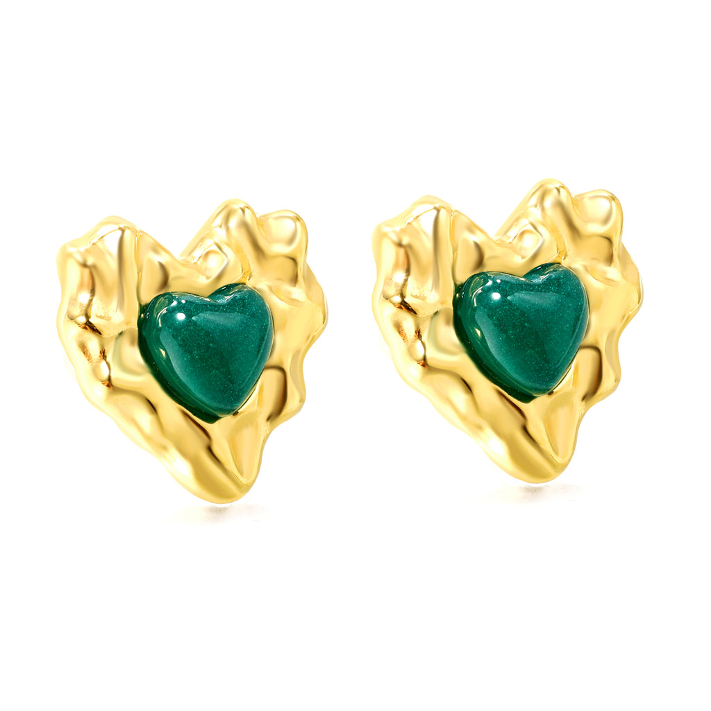 18k gold plated heart-shaped earrings with green stones on a white background | elazo 
