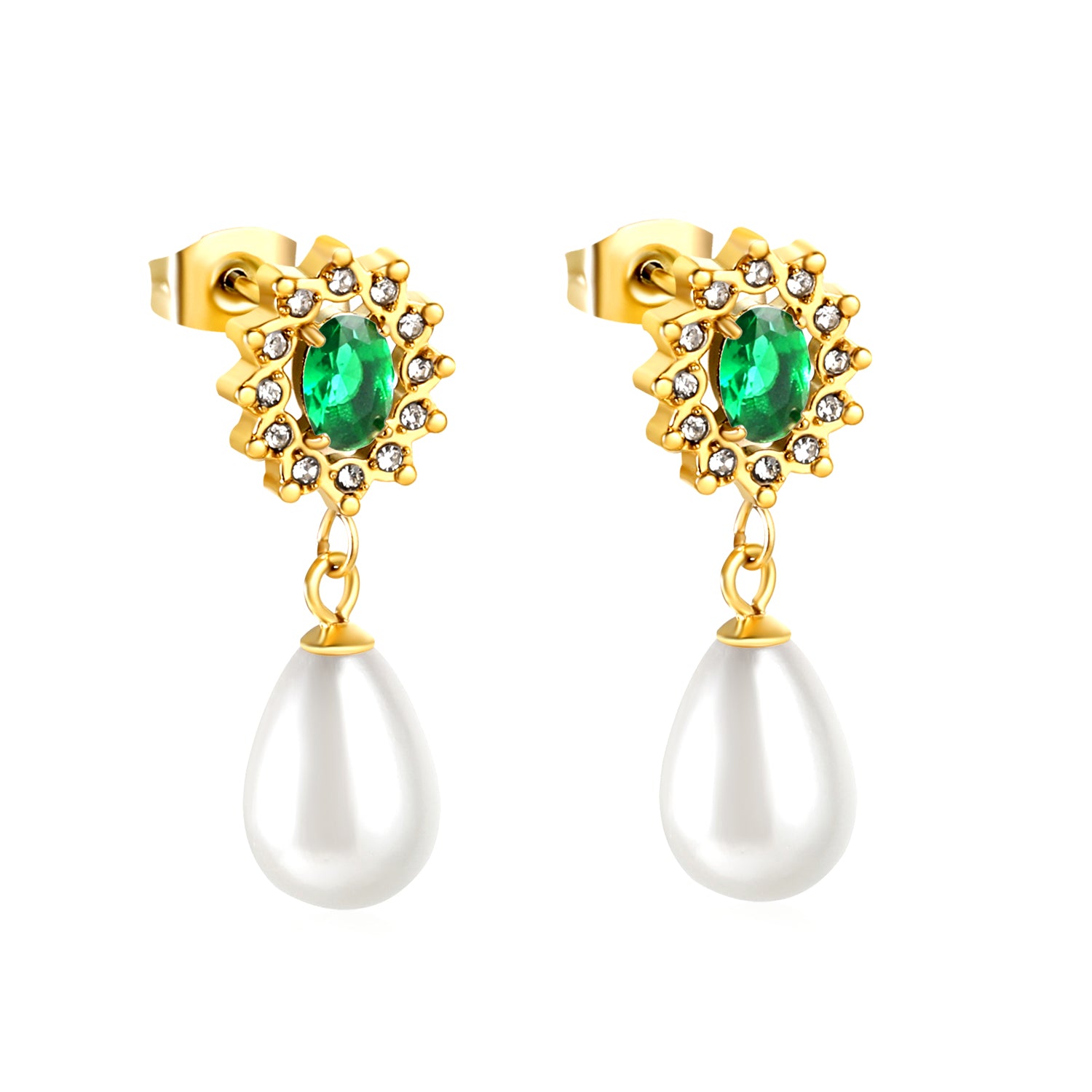 elazo earrings with green gemstones and white pearls on a white  18k gold plated background