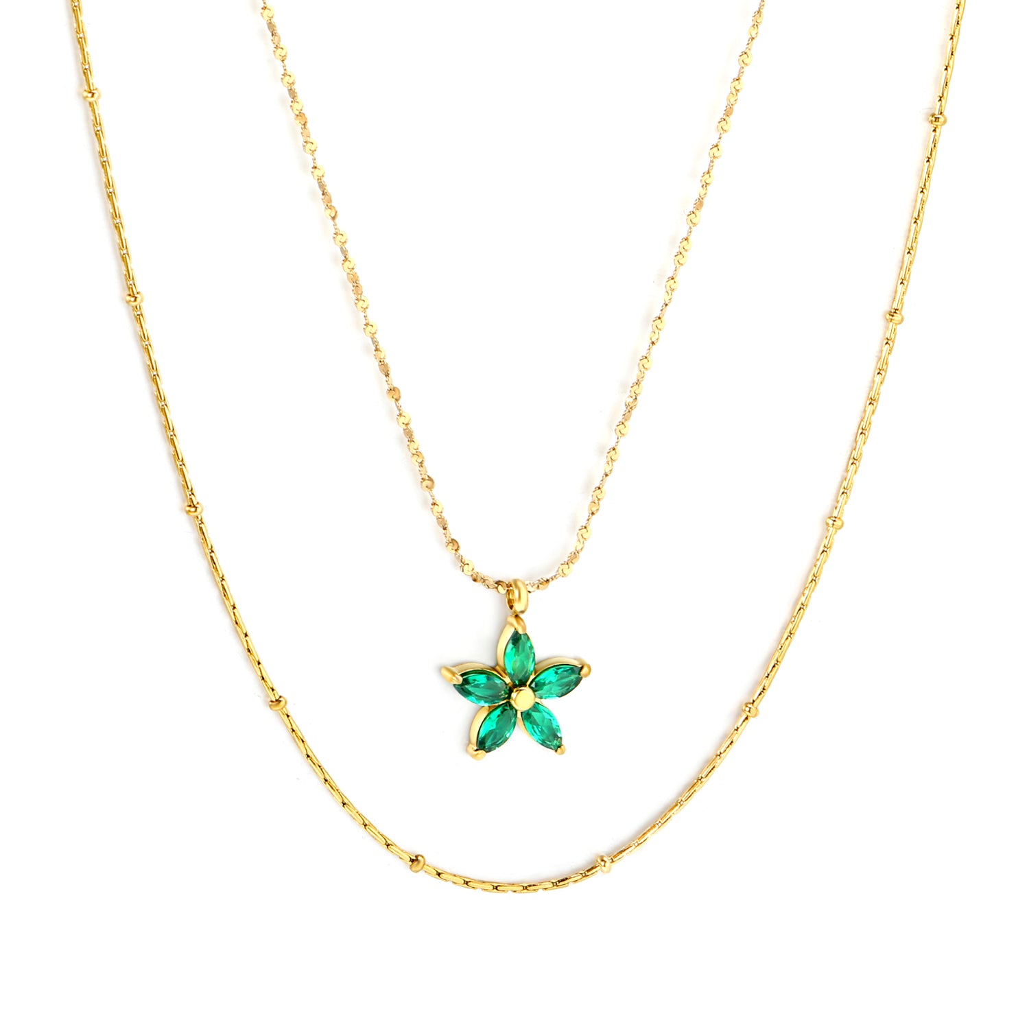 18K Gold Plated on premium Stainless Steel, this necklace  is 100% waterproof, sweat-proof, and anti-tarnish. Designed for active women. Skin-friendly for the Chennai gym heat. Buy 2 Get 1 FREE! necklace with a green flower pendant on a white background