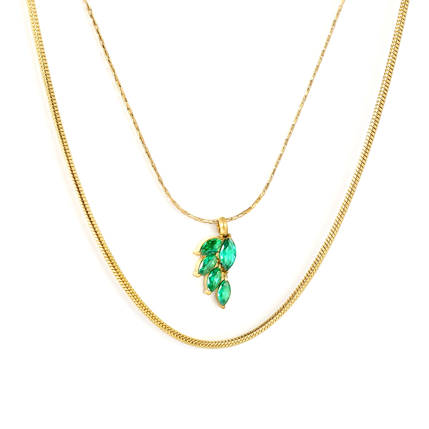 18k gold plated necklace with a green leaf-shaped pendant on a white background 18K Gold Plated on premium Stainless Steel, this necklace  is 100% waterproof, sweat-proof, and anti-tarnish. Designed for active women. Skin-friendly for the Chennai gym heat. Buy 2 Get 1 FREE!