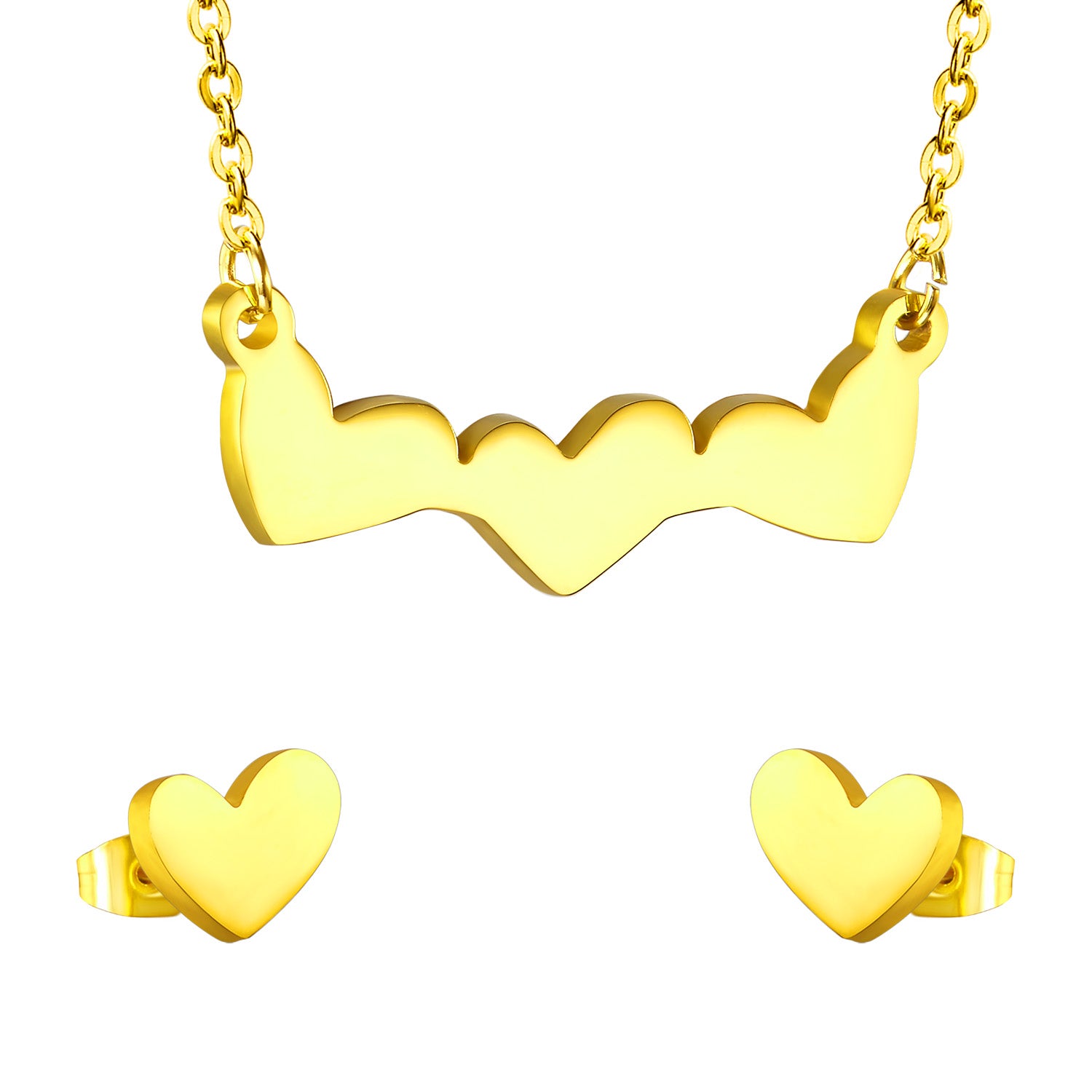 Gold necklace and heart-shaped earrings on a white background 18K Gold Plated on premium Stainless Steel, this necklace and earring set is 100% waterproof, sweat-proof, and anti-tarnish. Designed for active women. Skin-friendly for the Chennai gym heat. Buy 2 Get 1 FREE!